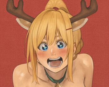 1girl animal_ears antlers black_choker blonde_hair blue_eyes blush choker commentary_request darkness_(konosuba) deer_ears horns izawa_(bhive003) kono_subarashii_sekai_ni_shukufuku_wo! ponytail portrait red_background reindeer_antlers shiny_skin simple_background solo teeth tongue