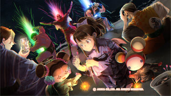 Rule 34 | 2girls, 6+boys, arika, black hair, character request, closed mouth, dark-skinned male, dark skin, darun mister, facial hair, fighting ex layer, fireworks, highres, japanese clothes, kimono, knitty (technictix), long hair, multiple boys, multiple girls, muscular, muscular male, mustache, nanase (arika), official art, official wallpaper, rain (technictix), skullomania, smile, technictix