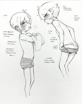 1boy blush english_text graphite_(medium) greyscale highres male_focus monochrome multiple_views original renocoffee short_hair shota speech_bubble spoken_blush traditional_media underwear undressing very_short_hair