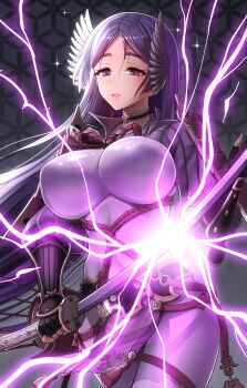 1girl armor asa_no_ha_(pattern) bodysuit breasts choker commentary_request doujigiri_yasutsuna_(fate) electricity fate/grand_order fate_(series) fingerless_gloves gloves highres holding holding_sword holding_weapon japanese_armor katana large_breasts long_hair minamoto_no_raikou_(fate) minamoto_no_raikou_(third_ascension)_(fate) pelvic_curtain puffy_sleeves purple_bodysuit purple_eyes purple_hair quiver rope shimenawa shiny_lips shoulder_armor sode solo sword tassel weapon winged_hair_ornament youshuu