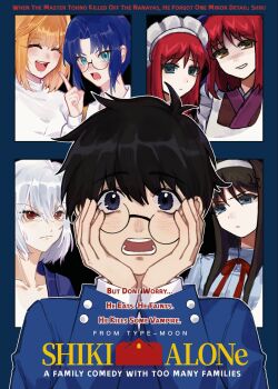 2boys 5girls :d anger_vein angry apron arcueid_brunestud black_eyes black_hair blonde_hair blue_eyes blue_hair blush brother_and_sister ciel_(tsukihime) closed_eyes commentary_request curtained_hair english_text facing_viewer formal_clothes gakuran glasses hair_between_eyes hair_intakes hairband hands_on_own_face highres hisui_(tsukihime) home_alone index_finger_raised japanese_clothes kimono kohaku_(tsukihime) long_hair looking_at_viewer maid maid_apron maid_headdress medium_hair misaki_municipal_high_school_uniform movie_poster_(medium) multiple_boys multiple_girls open_mouth parody partially_shaded_face pink_hair poster_parody red_eyes school_uniform shirt short_hair siblings sidelocks sisters smile sweater tohno_akiha tohno_shiki tohno_shiki_(2) tok8505_(erica) tsukihime twins vest white_hair white_shirt white_sweater yellow_eyes yellow_vest