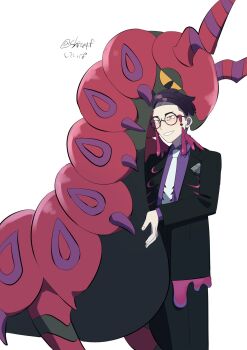 1boy antennae black-framed_eyewear black_hair black_jacket black_pants blush bug centipede collared_shirt colored_sclera corbeau_(pokemon) eyewear_strap gen_5_pokemon glasses highres horns jacket long_sleeves mega_stone necktie nintendo open_clothes open_jacket open_mouth pants pokemon pokemon_(creature) pokemon_legends:_z-a purple_hair purple_shirt round_eyewear scolipede shirt shitap_f short_hair short_sideburns simple_background smile teeth undercut white_background white_necktie yellow_eyes yellow_sclera