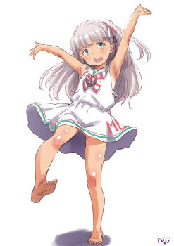 1girl anchor_hair_ornament arms_up barefoot blunt_bangs commentary_request dress fuji_(pixiv24804665) full_body green_eyes grey_hair hair_ornament highres kantai_collection low-cut_armhole maestrale_(kancolle) neckerchief one-piece_tan one_side_up open_mouth round_teeth sailor_dress side-tie_dress simple_background sleeveless sleeveless_dress smile solo striped_neckerchief tan tanline teeth upper_teeth_only white_background white_dress