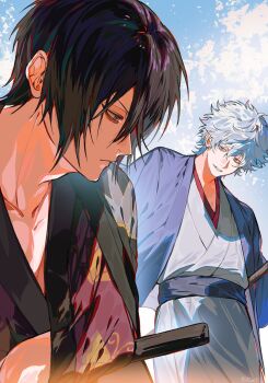 Rule 34 | 2boys, black hair, blue eyes, blue haori, closed mouth, collarbone, gintama, grey hair, hair between eyes, haori, highres, ikaooi1, japanese clothes, katana, kimono, looking at another, male focus, multiple boys, profile, purple kimono, sakata gintoki, short hair, smirk, spiked hair, standing, sword, takasugi shinsuke, teeth, weapon, white kimono