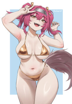 1girl alternate_breast_size_(larger) archerist arm_up armpits bikini blue_background border breasts commentary english_commentary gold_bikini golden_week hairband halterneck highres large_breasts looking_at_viewer lupa_(wuthering_waves) metal_hairband navel open_mouth pink_hair revision smile solo stomach string_bikini swimsuit tacet_mark_(wuthering_waves) tail thigh_gap thighs twintails v white_border wolf_tail wuthering_waves yellow_eyes