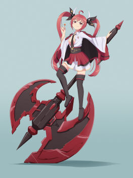 1girl absurdres ahoge axe battle_axe black_boots boots breasts candy date_a_live dress food full_body hair_ribbon highres horns itsuka_kotori jacket japanese_clothes lollipop long_hair necktie obi red_eyes red_hair red_jacket red_skirt ribbon sash scarletsky shadow skirt small_breasts smile smug solo thigh_boots twintails weapon wide_sleeves