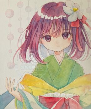 Rule 34 | 1girl, commentary request, flower, green kimono, hair flower, hair ornament, hand up, hieda no akyuu, highres, japanese clothes, kimono, looking at viewer, obi, painting (medium), parted lips, purple eyes, purple hair, red sash, sash, short hair, solo, touhou, traditional media, upper body, utako (kuromosuki), watercolor (medium), watermark, yellow kimono