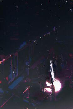 1boy 6+others absurdres black_hair black_wings coat faceless facing_viewer feathered_wings from_above full_body hashtag-only_commentary highres kim_dokja male_focus multiple_others omniscient_reader&#039;s_viewpoint open_clothes open_coat people railing roellm short_hair solo spotlight stairs train white_coat wings