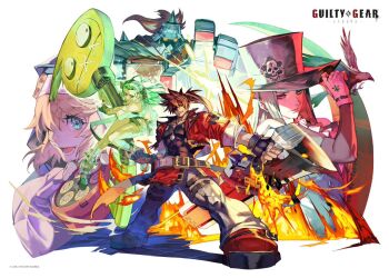 1girl 3boys bird black_gloves black_hat blonde_hair blue_eyes bridget_(guilty_gear) brown_hair character_request copyright_name cropped_jacket crow fingerless_gloves fire full_body gloves group_picture guilty_gear guilty_gear_strive hat high_ponytail holding holding_sword holding_weapon hungry_clicker jacket long_hair multiple_boys official_art pants ponytail potemkin_(guilty_gear) red_jacket second-party_source sol_badguy solo_focus sword top_hat weapon