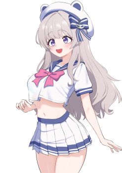 1girl absurdres animal_ears blue_sailor_collar bow bowtie breasts cowboy_shot crop_top crop_top_overhang fake_animal_ears grey_hair hair_bow hat highres long_hair looking_ahead maplestory medium_breasts midriff miniskirt navel oldsickkim open_mouth pink_bow pink_bowtie player_character_(maplestory) pleated_skirt purple_eyes sailor_collar school_uniform see-through_silhouette serafuku shirt short_sleeves simple_background skirt smile solo stomach thighs white_background white_hat white_serafuku white_shirt white_skirt