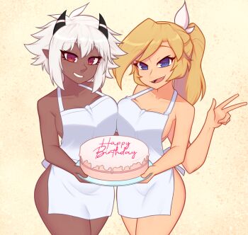 Rule 34 | 2girls, apron, birthday cake, blonde hair, breasts, brown eyes, cake, cleavage, collarbone, commentary, dark-skinned female, dark skin, english commentary, english text, extra arms, fangs, food, grey hair, hair behind ear, happy birthday, highres, holding, holding plate, horns, looking at viewer, multiple girls, naked apron, nelly (xyronii), open mouth, original, plate, pointy ears, ponytail, short hair, smile, v, xyronii