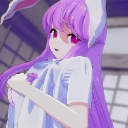 1girl 3d animated bra breasts cleavage large_breasts light_purple_hair long_hair mofumoko5 one_breast_out open_clothes purple_eyes reisen_udongein_inaba solo tagme thighs touhou underwear video