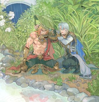 Rule 34 | 2boys, abs, antenna hair, arm tattoo, armlet, armor, armored boots, bare pectorals, black choker, black coat, black gloves, black pants, black shirt, blonde hair, blue cape, boots, braid, bunnyclvb, cape, chest tattoo, choker, clawed gauntlets, closed eyes, coat, commentary, earrings, english commentary, facial tattoo, fingerless gloves, frog, gloves, gold earrings, gold necklace, gradient hair, honkai: star rail, honkai (series), improvised umbrella, jewelry, leaf umbrella, male focus, medium hair, multicolored hair, multiple boys, mydei (honkai: star rail), neck tattoo, necklace, open clothes, open coat, pants, parted bangs, pauldrons, pectorals, phainon (honkai: star rail), rain, red cape, red hair, red tattoo, river, shirt, short hair, shoulder armor, side braid, side cape, single glove, single pauldron, squatting, sun symbol, sun tattoo, tan, tattoo, thigh strap, toned, toned male, wet, wet clothes, wet hair, white coat, white hair