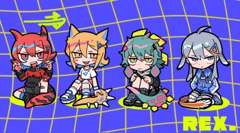 4girls aqua_hair black_shoes black_shorts black_sweater blonde_hair blue_background blue_eyes blue_jacket blue_shoes claw_pose closed_mouth dinosaur_tail green_eyes grey_hair grid_background hands_in_pockets hands_on_own_knees hands_up highres jacket knees_up long_sleeves looking_at_viewer multiple_girls open_mouth original red_eyes red_hair seiza shirt shoes short_sleeves shorts sitting sweater tail terada_tera thick_outlines white_shirt yellow_eyes