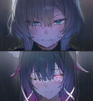 2girls angry columbina_(genshin_impact) genshin_impact multiple_girls one_eye_closed rain sandrone_(genshin_impact) smile yuujinn