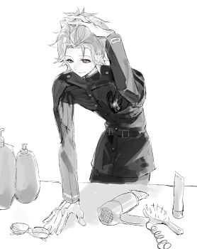 1boy absurdres adjusting_hair aotsuki_eito black_jacket commentary english_commentary eyeliner gakuran glasses gloves grey_hair hair_brush hair_dryer hair_slicked_back hand_on_table highres jacket last_defense_academy_school_uniform lbhzp leaning_forward looking_ahead makeup male_focus official_alternate_hairstyle partially_colored purple_eyes red_eyeliner school_uniform shampoo_bottle short_hair sketch solo the_hundred_line_-last_defense_academy- unworn_eyewear white_gloves