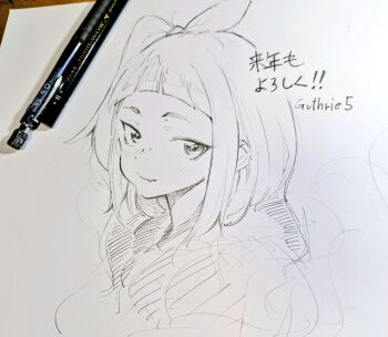 1girl arched_bangs art_tools_in_frame closed_mouth commentary_request fang gasuri_govan greyscale medium_hair monochrome one_side_up skin_fang solo watase_kiui yoru_no_kurage_wa_oyogenai