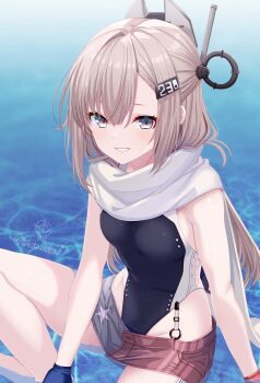Rule 34 | 1girl, absurdres, blue one-piece swimsuit, blush, breasts, brown eyes, commentary request, cowboy shot, grey hair, grey skirt, hair between eyes, hair intakes, hair ornament, headgear, highres, kantai collection, long hair, looking at viewer, medium breasts, miniskirt, one-piece swimsuit, red skirt, scarf, sidelocks, signature, sitting, skirt, solo, swimsuit, toketa-sekai, two-tone skirt, wahoo (kancolle), water, white scarf