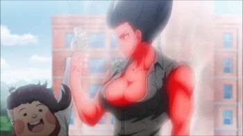 Rule 34 | 1girl, 2boys, animated, animated gif, blush, breasts, chain, chain necklace, chef, colored skin, danganronpa (series), danganronpa 3 (anime), dark-skinned female, dark skin, fighting, hanamura teruteru, jewelry, large breasts, long hair, miniskirt, multiple boys, muscle growth, muscular, muscular female, necklace, nidai nekomaru, owari akane, red skin, reference, skirt, steam, tan