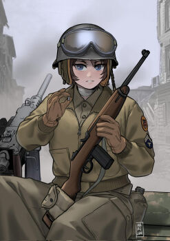 1girl artist_logo artist_name blue_eyes bottle brown_hair browning_m2 building cigarette combat_helmet destroyed_building emblem gloves goggles goggles_on_headwear gun heavy_machine_gun helmet holding holding_cigarette holding_gun holding_rifle holding_weapon insignia jacket logo m1_carbine m1_helmet m2_browning machine_gun mardjan military military_uniform original pants patch rifle short_hair tank_helmet united_states_army water_bottle weapon world_war_ii