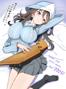 1girl absurdres blush breasts brown_eyes brown_hair closed_mouth commentary_request girls_und_panzer gratin_(kumaisao) grey_socks highres instrument kantele keizoku_school_uniform large_breasts long_hair looking_at_viewer mika_(girls_und_panzer) miniskirt school_uniform skirt smile socks solo tulip_hat