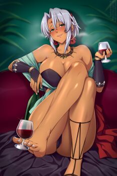 1girl barefoot bindi blush breasts bridal_gauntlets cleavage crossed_legs cup dark-skinned_female dark_skin drinking_glass drunk earrings eiyuu_densetsu forehead_jewel foreshortening green_eyes grey_hair hair_ribbon highres holding holding_cup hoop_earrings jewelry large_breasts lindaroze looking_at_viewer medium_hair nail_polish nose_blush panties pantyshot parted_bangs parted_lips red_ribbon ribbon scherazard_harvey shiny_skin sidelocks sitting smile solo sora_no_kiseki toenail_polish toenails toes underwear wine_glass