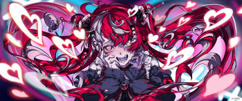 1girl ahoge black_choker black_sleeves blunt_ends blurry blurry_background bow brooch choker colored_skin colored_tongue commentary_request copyright_name copyright_notice cross-laced_clothes cross-laced_sleeves detached_sleeves diamond-shaped_pupils diamond_(shape) floating_hair frilled_shirt_collar frilled_sleeves frills gradient_eyes green_eyes grey_hair grey_skin hair_bow hair_ornament hand_on_own_face hands_up heart heart-shaped_pupils heart_ahoge heart_brooch heterochromia highres hnzwakira hololive hololive_indonesia impaled jewelry kureiji_ollie long_hair looking_at_viewer mismatched_pupils multicolored_eyes multicolored_skin official_art open_mouth patchwork_skin purple_tongue red_eyes red_hair shirt sleeveless sleeveless_shirt solo stitched_face stitches sword symbol-shaped_pupils twintails two-tone_skin very_long_hair virtual_youtuber weapon white_shirt x-shaped_pupils x_hair_ornament yellow_eyes zombie