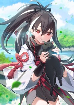 Rule 34 | 1girl, black hair, cat, commentary, fate/grand order, fate (series), highres, japanese clothes, kawakami gensai (fate), kawakami gensai (first ascension) (fate), long hair, looking at viewer, multicolored hair, ponytail, red eyes, smile, solo, uninu, white hair