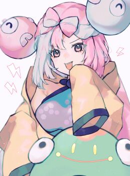 Rule 34 | 1girl, absurdres, asatte 3z, bellibolt, blue hair, bow-shaped hair, breasts, character hair ornament, commentary request, criss-cross halter, fake hair bun, gen 1 pokemon, hair ornament, halter shirt, halterneck, hexagon print, highres, iono (pokemon), jacket, long hair, long sleeves, magnemite, medium breasts, multicolored hair, nintendo, open mouth, oversized clothes, pink hair, pokemon, pokemon (creature), pokemon sv, sharp teeth, sleeves past fingers, sleeves past wrists, smile, split-color hair, teeth, x (symbol), yellow jacket