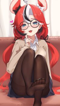 1girl :d absurdres ahoge alternate_costume animal_ears black_bow black_hair black_pantyhose black_skirt blue_eyes bow collared_shirt commentary_request couch double-parted_bangs extra_ears feet glass hair_between_eyes hair_bow hair_ribbon hakos_baelz hand_up highres hololive hololive_english ilie_ilie index_finger_raised indoors knees_up long_sleeves looking_at_viewer low_twintails miniskirt mouse_ears mouse_girl multicolored_hair no_shoes no_tail official_alternate_hairstyle on_couch open_mouth pantyhose ribbon round_eyewear sharp_teeth shirt sitting skirt sleeves_past_wrists smile soles soles_of_feet_in_socks solo straight-on streaked_hair sweater teeth thighband_pantyhose toes toes_visible_through_clothing twintails upper_teeth_only v-neck virtual_youtuber white_bow white_hair white_shirt white_sweater