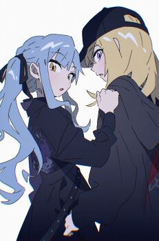 2girls bang_dream! bang_dream!_it&#039;s_mygo!!!!! black_hat black_hoodie black_shirt blonde_hair blue_hair breasts chromatic_aberration commentary hat highres hood hood_down hoodie korean_commentary long_hair long_sleeves medium_hair misumi_uika mkun606 multiple_girls open_mouth purple_eyes shirt sidelocks simple_background togawa_sakiko white_background yellow_eyes