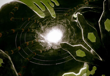 candle_(allotas) dark from_behind gen_6_pokemon glowing green_eyes highres hole legendary_pokemon multicolored_eyes nintendo no_humans pokemon pokemon_(creature) pokemon_legends:_z-a solo underlighting white_eyes zygarde zygarde_(50%)