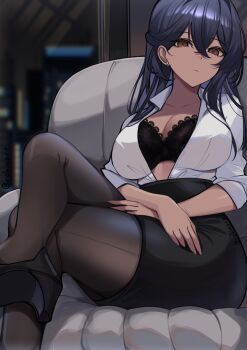 1girl armchair black_bra black_hair black_pantyhose black_skirt bra bra_peek breasts brown_eyes chair cleavage collarbone collared_shirt crossed_legs dark-skinned_female dark_skin disappointed earrings formal_clothes full_body hair_between_eyes hand_on_own_thigh high_heels highres jewelry lace lace-trimmed_bra lace_trim large_breasts legs long_hair long_sleeves looking_at_viewer narrowed_eyes office office_lady on_chair open_clothes open_shirt original pantyhose partially_unbuttoned pencil_skirt rohioart shirt shirt_tucked_in shoes sitting skirt skirt_suit sleeves_rolled_up solo suit thighs unbuttoned unbuttoned_shirt underwear watermark white_shirt