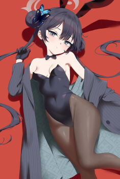 1girl absurdres animal_ear_hairband animal_ears bare_shoulders black_gloves black_hair black_leotard blue_archive blush breasts collarbone covered_groin covered_navel double_bun fake_animal_ears formal_clothes gloves grey_eyes grey_halo grey_suit hair_between_eyes hair_bun hairband halo highres jacket kisaki_(blue_archive) leotard long_hair looking_at_viewer lying open_clothes open_jacket pantyhose playboy_bunny rabbit_ear_hairband rabbit_ears small_breasts solo suit thighs twintails very_long_hair wild_card