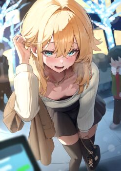 3boys absurdres black_skirt black_thighhighs blonde_hair blue_eyes blush bowing bridget_(guilty_gear) commentary crossdressing crossdressing_(mtf) downblouse flat_chest guilty_gear hakusyokuto hand_on_own_head highres jacket jewelry long_hair looking_at_viewer multiple_boys necklace open_mouth shirt skirt standing sweat thighhighs trap unworn_jacket white_shirt winter