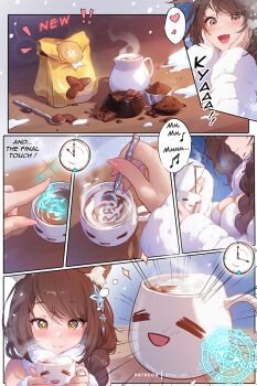 1girl :3 :d animal_ear_fluff animal_ears artist_name blush braid braided_ponytail brown_hair chocolate coat coffee comic cup english_text fox_ears fox_girl fur-trimmed_coat fur_collar fur_trim hair_ornament hair_over_shoulder hands_on_own_cheeks hands_on_own_face heart holding holding_cup hot_chocolate humming magic mitsu_(mitsu_art) open_mouth original smile snow snowflake_hair_ornament solo stirring winter yellow_eyes