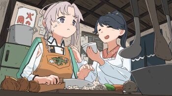 2girls :&lt; akitsushima_(kancolle) apron closed_eyes closed_mouth cooking cooking_pot crying cutting_board cutting_onions food green_apron green_ribbon grey_hair hair_ribbon highres holding holding_knife houshou_(kancolle) indoors japanese_clothes kantai_collection kappougi kitchen_knife knife long_hair long_sleeves multiple_girls onion open_mouth ponytail ribbon tears vegetable wachi_(hati1186)