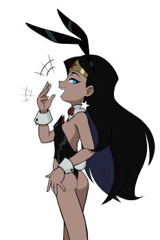 1girl absurdres aged_down animal_ears ass black_hair blue_eyes dc_comics female_focus from_behind gnsisir highres legs loli long_hair looking_at_viewer looking_back playboy_bunny rabbit_ears simple_background solo standing wonder_woman
