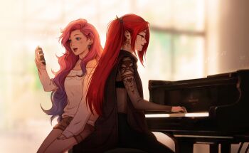 2girls alternate_costume bare_shoulders bespectacled blue_eyes blue_nails commentary day earrings english_commentary facial_tattoo glasses hair_ornament hairclip highres indoors instrument jewelry julia_shii k/da_(league_of_legends) league_of_legends lips long_hair long_sleeves multiple_girls music nail_polish nose off-shoulder_sweater off_shoulder open_mouth pentakill_(league_of_legends) pentakill_sona piano pink_hair playing_instrument ponytail red_hair ribbed_sweater ring see-through_clothes see-through_sleeves semi-rimless_eyewear seraphine_(league_of_legends) shorts side-by-side singing sitting sleeves_past_wrists sona_(league_of_legends) star_(symbol) sweater tattoo teeth under-rim_eyewear upper_teeth_only