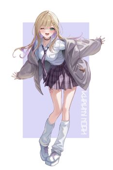 Rule 34 | 1girl, ;d, black choker, blonde hair, breasts, character name, choker, collared shirt, colored inner hair, commentary request, earrings, full body, green eyes, grey jacket, hair ornament, hairclip, highres, hood, hooded jacket, jacket, jewelry, kurumi noah, kurumi noah (8th costume), leg warmers, long hair, long sleeves, looking at viewer, medium breasts, miniskirt, multicolored hair, necklace, necktie, off shoulder, official alternate costume, one eye closed, open mouth, outstretched arms, parallel hairclips, plaid clothes, plaid necktie, platform shoes, pleated skirt, purple hair, purple necktie, purple skirt, sa-ya2, school uniform, shirt, shirt tucked in, shoes, skirt, smile, solo, virtual youtuber, vspo!, white leg warmers, white shirt, white shoes