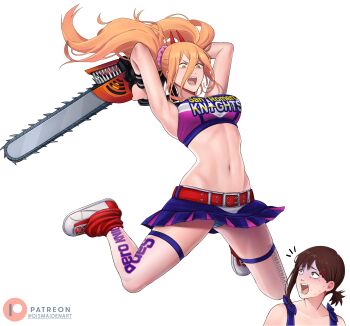 2girls absurdres arms_up blue_panties breasts brown_eyes brown_hair chainsaw chainsaw_man cheerleader cosplay crop_top demon_horns denji_(chainsaw_man) dismaiden hair_ornament hairclip higashiyama_kobeni highres holding holding_chainsaw horns juliet_starling juliet_starling_(cosplay) large_breasts lollipop_chainsaw long_hair midair miniskirt multiple_girls navel orange_hair panties ponytail power_(chainsaw_man) purple_skirt red_horns severed_head sharp_teeth short_ponytail simple_background single_sidelock skirt teeth thigh_strap underwear white_background yellow_eyes