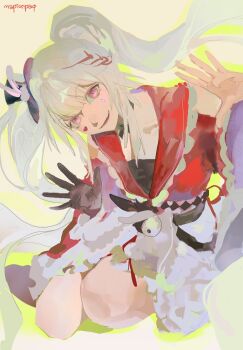 black_hat diamond_(shape) diamond_facial_mark dress facial_mark fang gloves hat heart heart_facial_mark highres honkai_(series) kneeling long_hair long_sleeves martographic open_mouth pink_eyes red_dress single_glove solo sparkle_(honkai:_star_rail) sparxie_(honkai:_star_rail) twintails white_hair