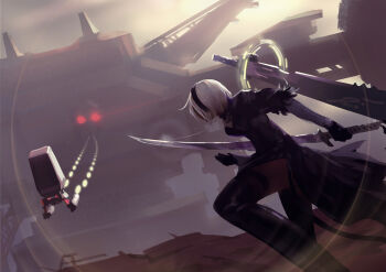 1girl 2b_(nier:automata) absurdres black_dress black_hairband black_thighhighs boots breasts clothing_cutout dress dutch_angle feather-trimmed_sleeves feather_trim fighting_stance from_behind gloves glowing glowing_eyes hairband highres holding holding_sword holding_weapon juliet_sleeves long_sleeves nier:automata nier_(series) pod_(nier:automata) puffy_sleeves red_eyes robot short_hair solo standing sword thighhighs thighhighs_under_boots thighs virtuous_contract weapon white_hair wolisu