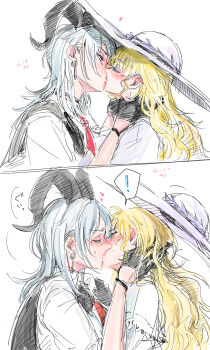 2girls absurdres black_gloves blonde_hair blush closed_eyes clothes_grab commentary_request earrings gloves hand_on_another&#039;s_neck hat highres horns jewelry key_earrings kiss large_hat mole mole_under_eye multiple_girls necktie phoebe_(wuthering_waves) purple_hat red_necktie saku_(amespi) shirt_grab simple_background sweat translation_request white_background white_hair wuthering_waves yuri zani_(wuthering_waves)