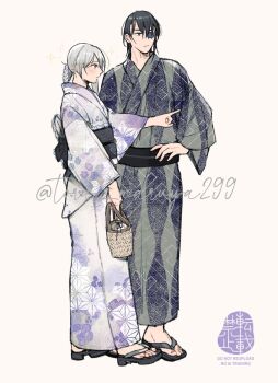 1boy 1girl artist_name black_hair black_sandals braid braided_hair_rings commentary_request eyepatch grey_hair hair_rings highres japanese_clothes kaine_(nier) kimono kurosawa_kazuto long_hair nier nier_(series) okobo platform_sandals pointing purple_kimono sandals sparkle standing toes twitter_username tyrann watermark