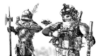 Rule 34 | 2boys, absurdres, armor, assault rifle, bird, bird on hand, bird request, breastplate, combat helmet, commentary, darius billie (moonkez), drone, ear protection, english commentary, faulds, feathers, fingerless gloves, gauntlets, gloves, greyscale, gun, halberd, head-mounted display, helmet, highres, holding, holding gun, holding polearm, holding weapon, knight, load bearing vest, magazine (weapon), military combat uniform, military uniform, monochrome, multiple boys, original, plate armor, polearm, pouch, rifle, sallet, scabbard, sheath, simple background, suppressor, upper body, weapon