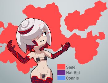 1girl bikini black_outline collarbone hair_over_one_eye loli micro_bikini navel open_mouth outline outstretched_arms red_eyes sage_(sonic) short_hair solo sonic_(series) sonic_frontiers spread_arms swimsuit teeth thick_outlines thick_thighs thighs upper_teeth_only yelladrill