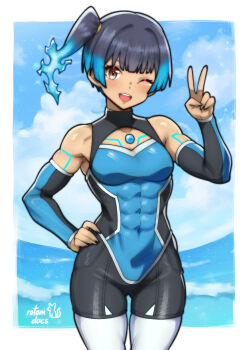 1girl ;d abs bare_shoulders black_hair blue_hair blush bodysuit breasts brown_eyes chest_jewel covered_navel cowboy_shot day detached_sleeves diving_suit fiery_hair gluteal_fold highres medium_breasts official_alternate_costume one_eye_closed open_mouth outdoors rotomdocs sena_(xenoblade) skin_tight smile solo toned toned_female unitard v water wetsuit xenoblade_chronicles_(series) xenoblade_chronicles_3