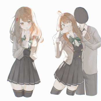 1boy 1girl absurdres ahoge aqua_bow aqua_bowtie black_skirt black_thighhighs bow bowtie breasts brown_eyes brown_hair cailin020 captured chloroform covering_another&#039;s_mouth drugged faceless faceless_male finger_to_mouth gag gagged grabbing_from_behind grey_jacket hair_ornament hand_gagged hand_over_another&#039;s_mouth handkerchief highres holding holding_cloth holding_handkerchief jacket kidnapped kidnapping long_hair looking_at_viewer mariya_mikhailovna_kujou miniskirt school_uniform seiren_academy_school_uniform shirt shushing skirt smile struggling thighhighs tokidoki_bosotto_roshia-go_de_dereru_tonari_no_alya-san white_shirt