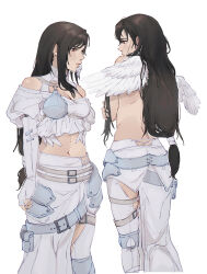 Rule 34 | 1girl, angel wings, back, bare shoulders, belt, belt bag, belt buckle, black hair, breasts, buckle, chest guard, chest harness, cleavage, closed mouth, commentary, crop top, earrings, english commentary, feather earrings, feathered wings, feathers, feet out of frame, final fantasy, final fantasy vii, final fantasy vii ever crisis, final fantasy vii remake, fingerless gloves, frilled shirt, frills, from behind, gloves, harness, highres, jewelry, long hair, long skirt, long sleeves, low-tied long hair, medium breasts, midriff, multiple belts, multiple views, navel, off-shoulder shirt, off shoulder, official alternate costume, pudelmudel, red eyes, shirt, side slit, single earring, single sidelock, single thighhigh, skirt, thigh belt, thigh strap, thighhighs, tifa lockhart, tifa lockhart (feather style), white background, white gloves, white shirt, white skirt, white theme, white thighhighs, wings